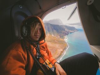 Derek flying in the helicopter